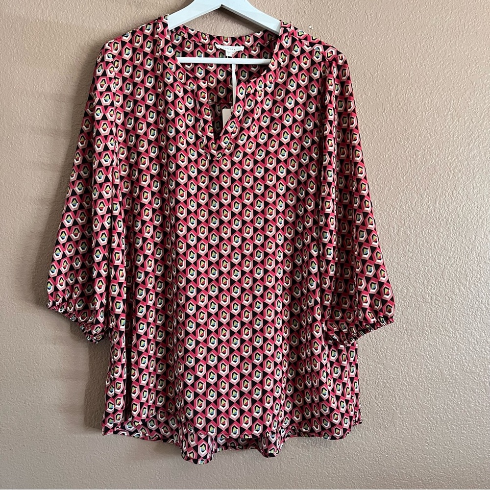 Pleione Split Neck Geometric Multi-Color Blouse Size Large NWT
